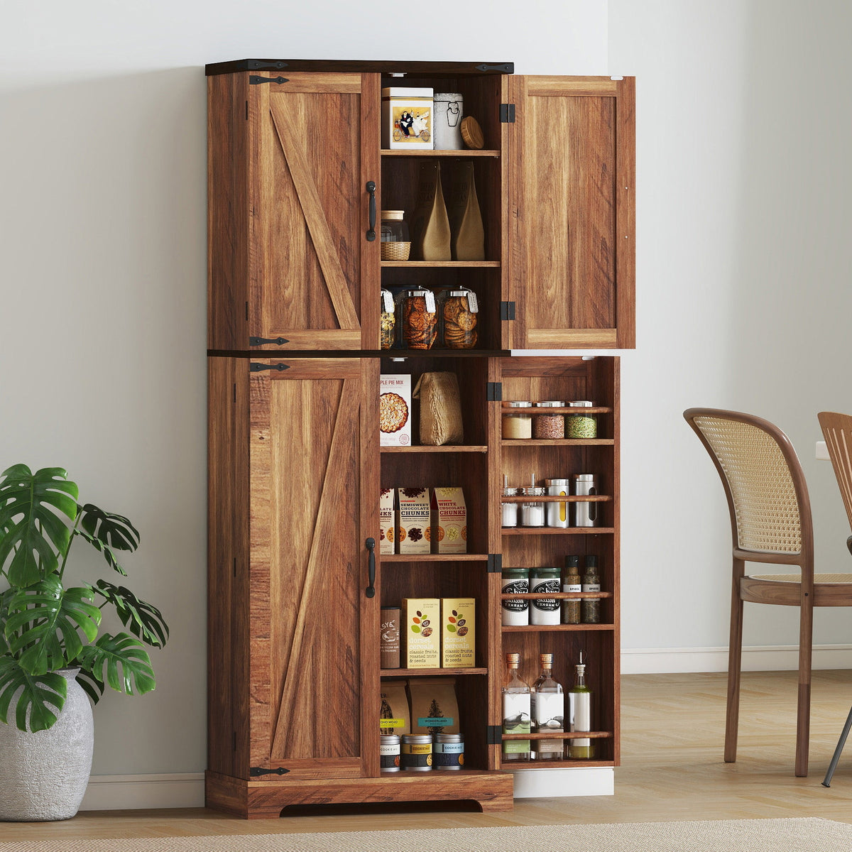 64" Tall Kitchen Pantry Cabinet with Spice Racks and Adjustable Shelves, Black Wood Grain