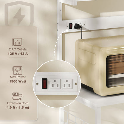 Kitchen Baker's Rack with Power Outlet, Coffee Bar Station with Adjustable Shelves and Hooks, Distressed Grey