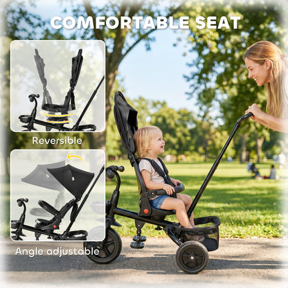 Tricycle for Toddler 5 in 1 Kids Trike, Foldable Converts Stroller to Toddler Bike, Adjustable Backrest & Curved Canopy, Detachable Guardrail & Handle for 1-5 Years Old, Black