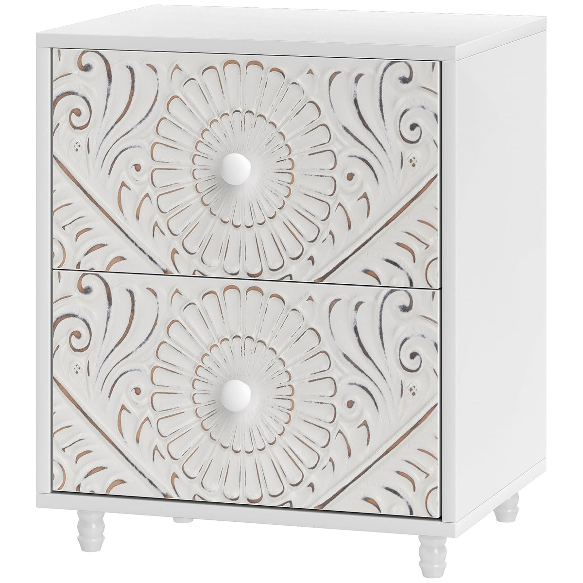 Mid-Century Bedside Table, Nightstand with 2 Drawers, Side End Table for Bedroom, White