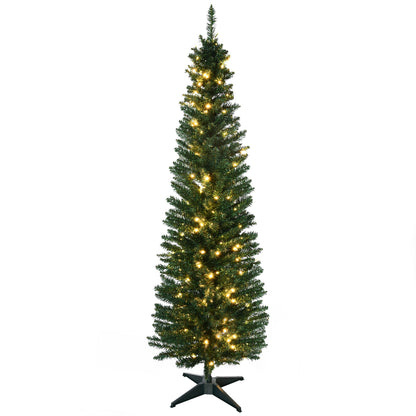 6' Pre Lit Artificial Pencil Christmas Trees, Xmas Tree with Realistic Branches and Warm White LED Lights, Green