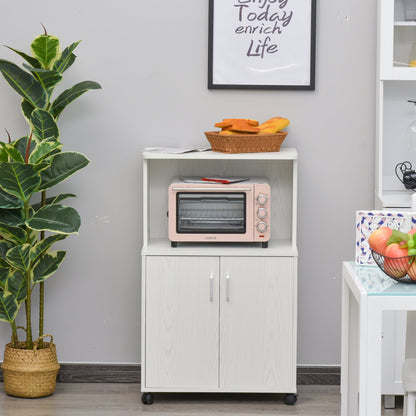 Microwave Cart on Wheels Utility Trolley Storage Sideboard Bookcase with 2-door Cabinet, Grey Wood Grain