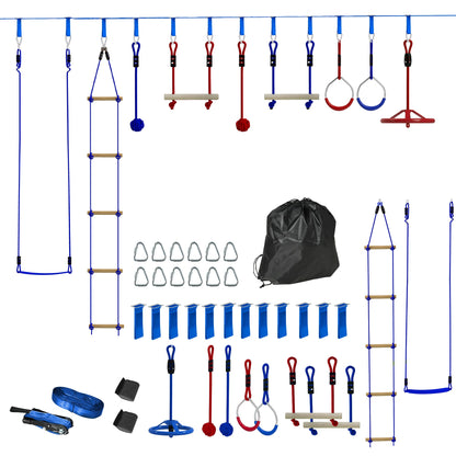 32.8' Ninja Warrior Obstacle Course for Kids 3-6 Years, with Swing, Monkey Bars, Climbing Ladder, Gym Rings, Blue