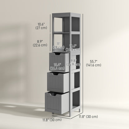 Narrow Bathroom Cabinet with 3 Drawers and 2 Tier Shelf, Tall Cupboard Freestanding Linen Tower, White