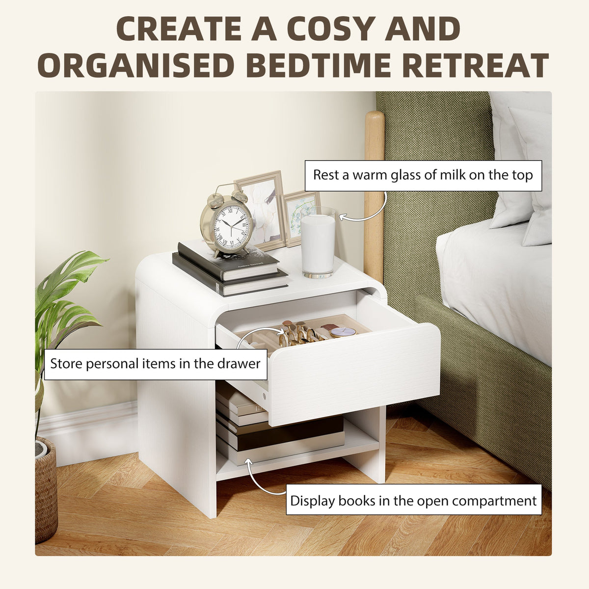 Nightstand Set of 2, Modern Bedside Table with Rounded Corners, Nightstand with Drawer and Open Shelf, Natural Wood