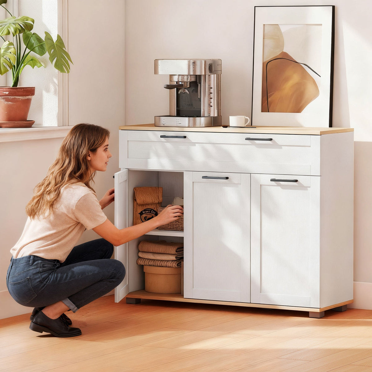 Sideboard Buffet Cabinet, Modern 40" Coffee Bar Cabinet with Wide Drawer, 3 Doors and 2 Adjustable Shelves, Black