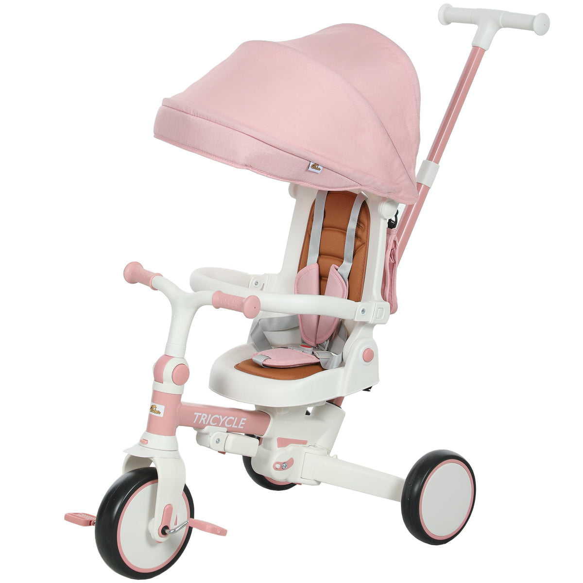 7 in 1 Toddler Tricycle with Safety Harness, Adjustable & Removable Parent Handle, Canopy, Storage Bag, Brake, Pink
