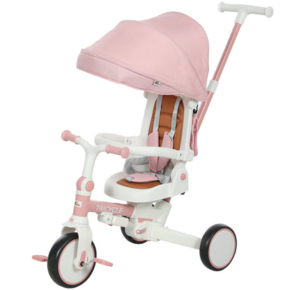 7 in 1 Toddler Tricycle with Safety Harness, Adjustable & Removable Parent Handle, Canopy, Storage Bag, Brake, Pink