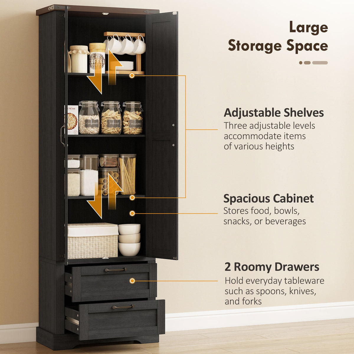 71" Tall Kitchen Pantry Cabinet, Farmhouse Kitchen Storage Cabinet with 2 Drawer and Adjustable Shelves, Black