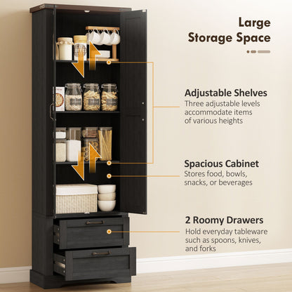 71" Tall Kitchen Pantry Cabinet, Farmhouse Kitchen Storage Cabinet with 2 Drawer and Adjustable Shelves, Black