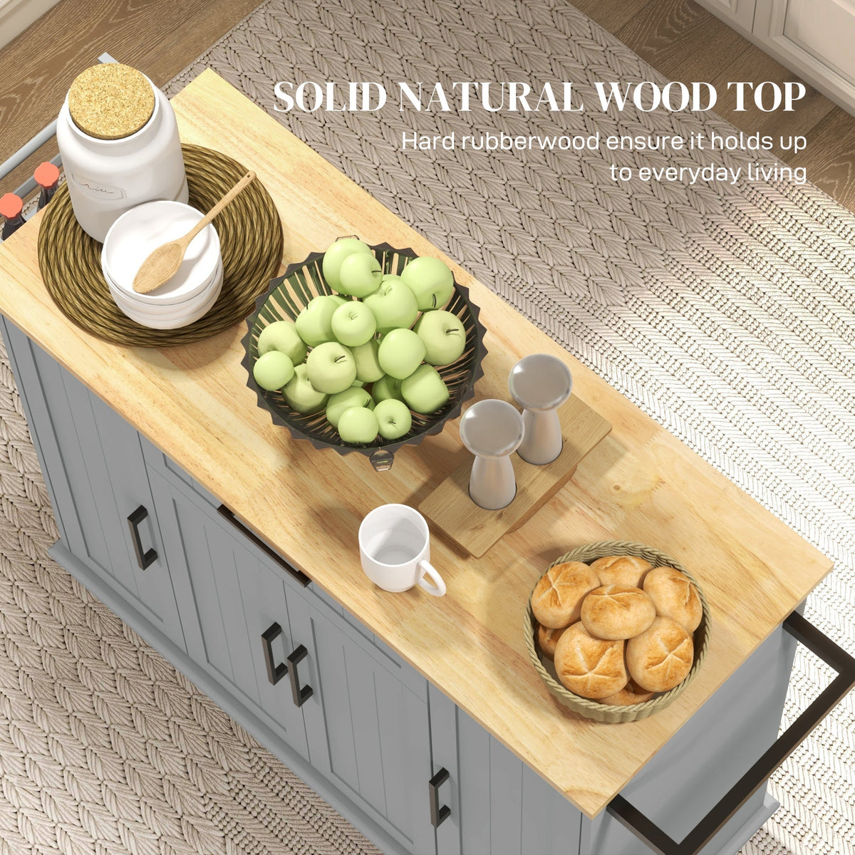 Modern Rolling Kitchen Island Cart with Drawers, Natural Wood Top, Towel Rack, Door Storage Cabinet, Black