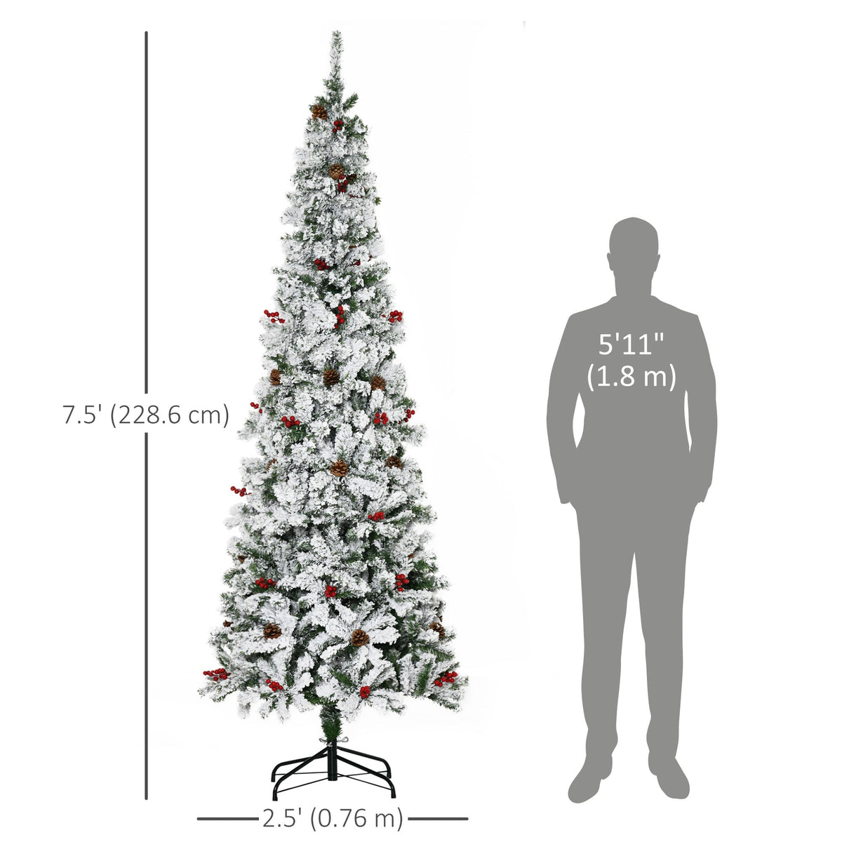 6 Foot Pencil Snow Flocked Artificial Christmas Tree with 600 Pine Realistic Branches, Pine Cones, Red Berries, Auto Open, Green