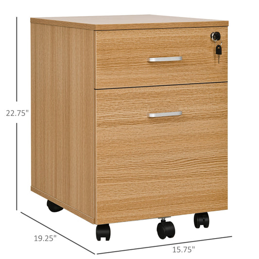 2 Drawer File Cabinet with Lock and Keys, Mobile Vertical Filing Cabinet with Wheels and Drawers, Home Office Cabinet, Natural