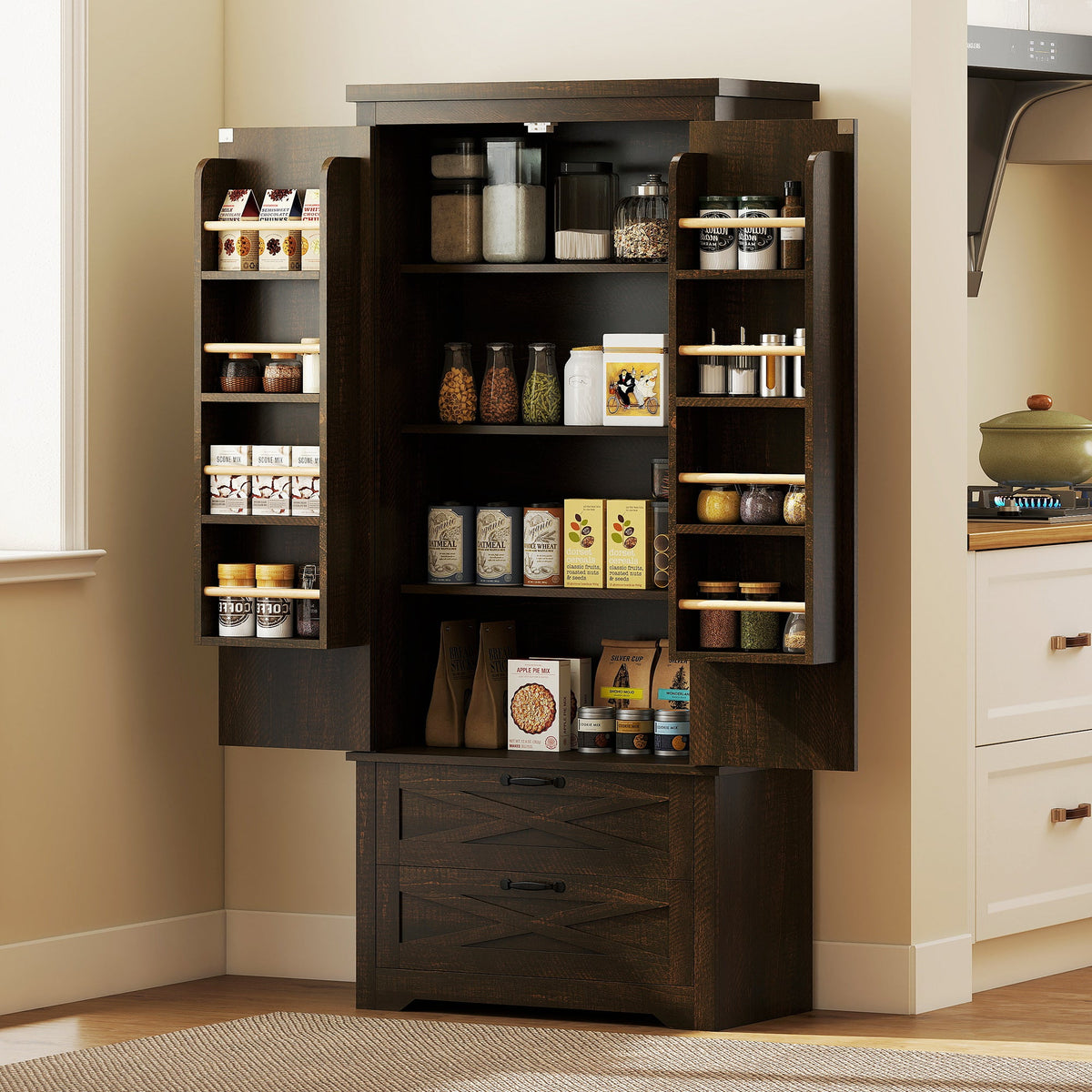 Farmhouse Kitchen Pantry Storage Cabinet, 64" Freestanding Kitchen Pantry Cabinet with Drawers, Distressed Black