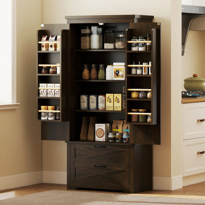 Farmhouse Kitchen Pantry Storage Cabinet, 64" Freestanding Kitchen Pantry Cabinet with Drawers, Distressed Black
