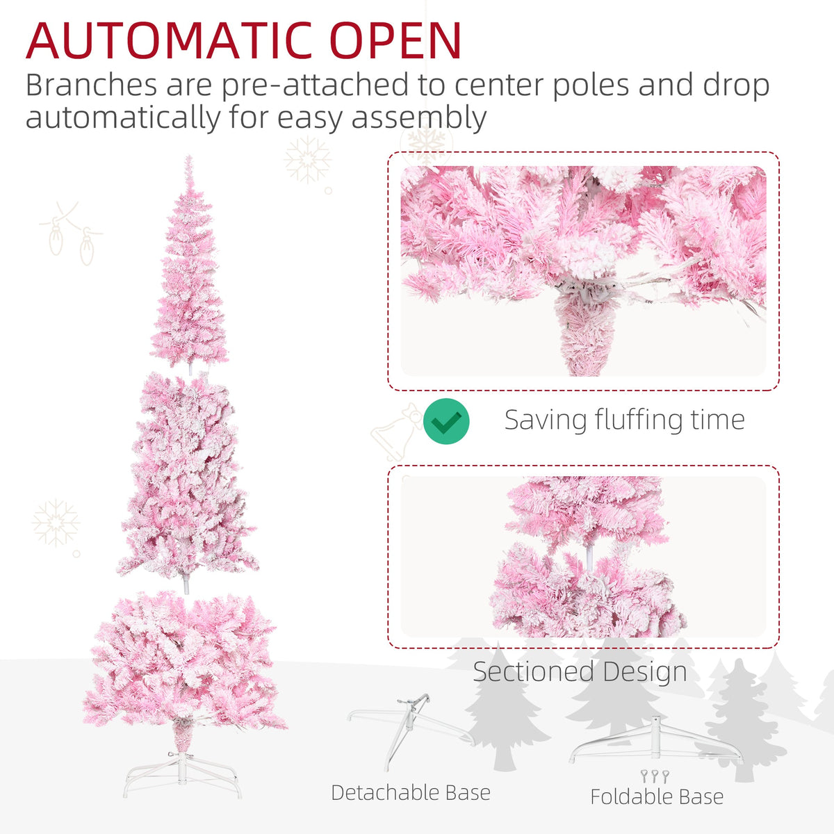 6 Foot Prelit Snow Flocked Artificial Christmas Tree with Pencil Shape, 500 Pine Realistic Branches, Warm White LED lights, Auto Open, Pink and White