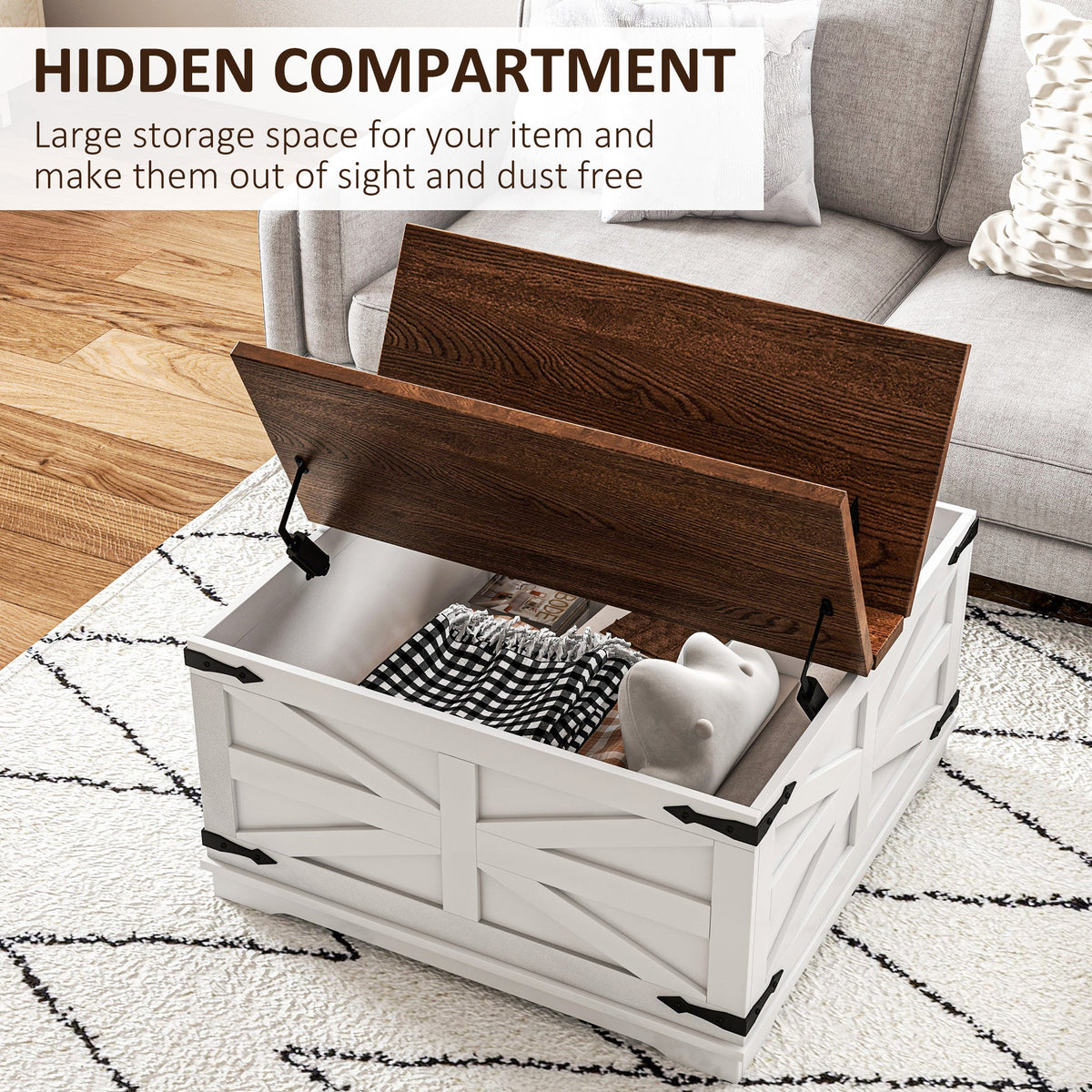 Farmhouse Coffee Table, Square Center Table with Flip-top Lids, Hidden Storage Compartment, Black