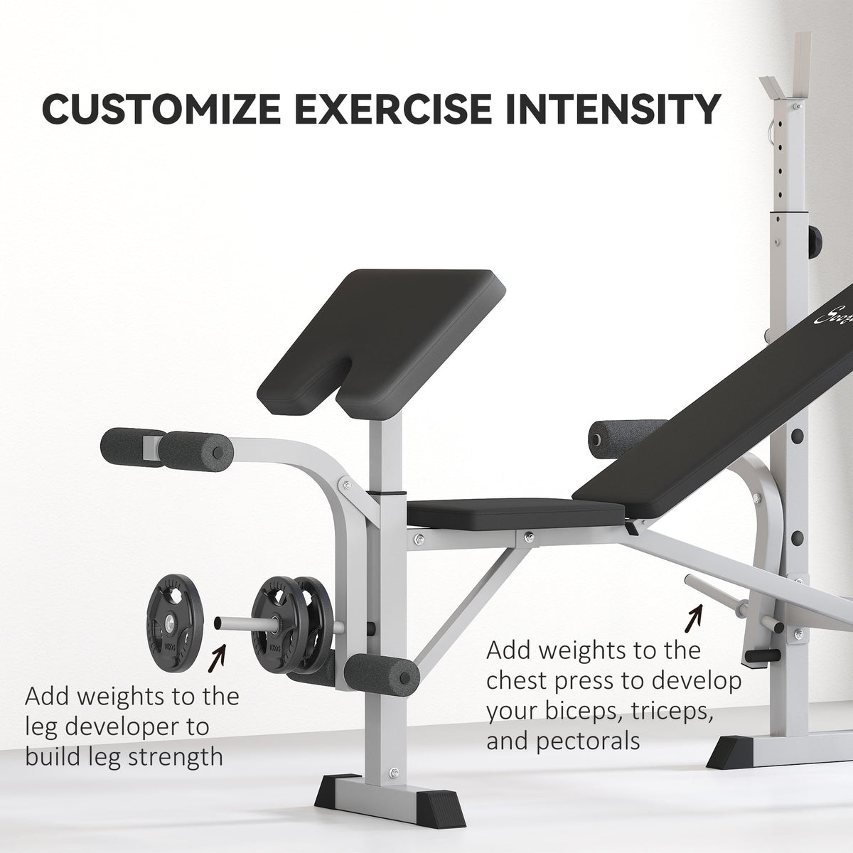 Bench Press Set Adjustable Weight Bench with Squat Rack, Preacher Curl Pad, Leg Developer and Weight Storage, White