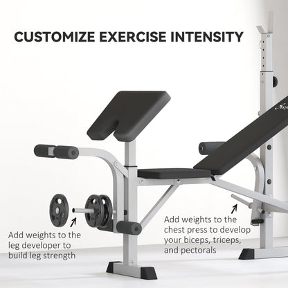 Bench Press Set Adjustable Weight Bench with Squat Rack, Preacher Curl Pad, Leg Developer and Weight Storage, White