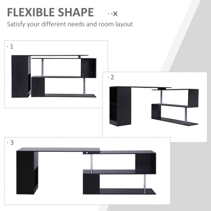 55" Corner Computer Desk, 360° Rotating L-Shaped Desk, Home Office Workstation with 3-Tier Shelves, Bookshelf, Black