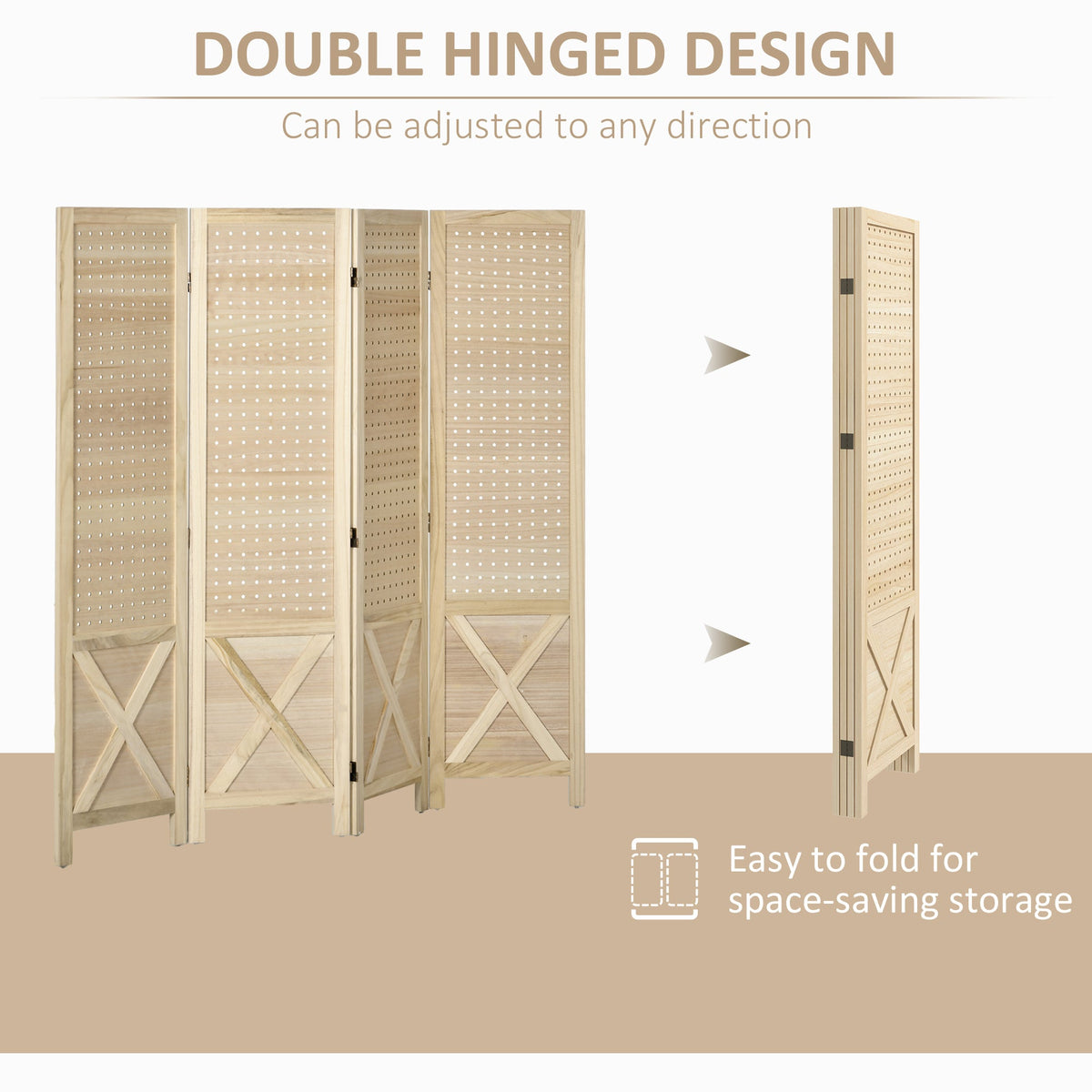 4.7' 3 Panel Wooden Room Divider with Pegboard Display, Folding Privacy Screen for Home Office, Natural