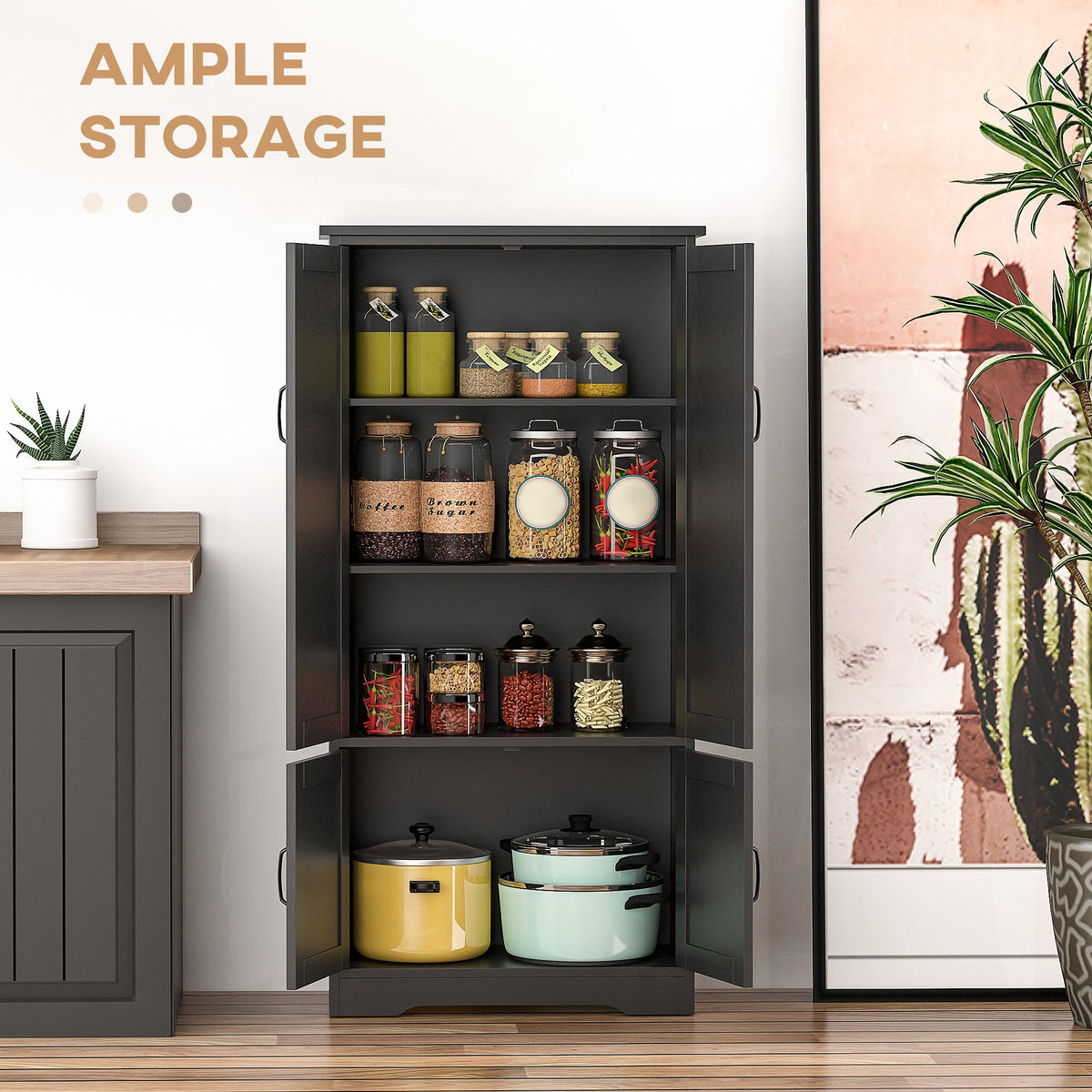 48" 4-Door Storage Cabinet Multi-Storey Large Space Pantry with Adjustable Shelves Black