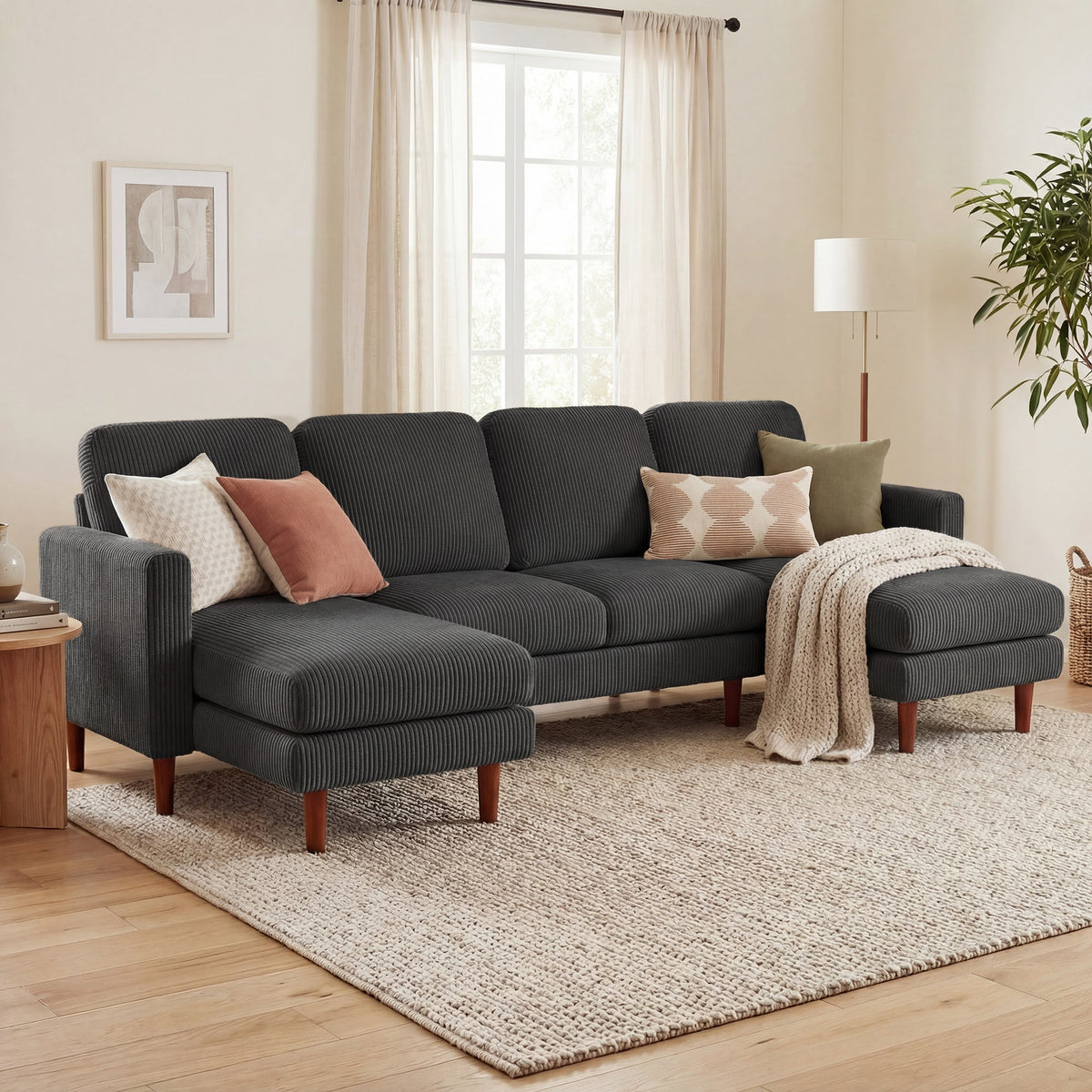 Sectional Sofa, Corduroy U Shaped Couch with Double Chaise and Spring Cushions, 2200lb Capacity, Beige