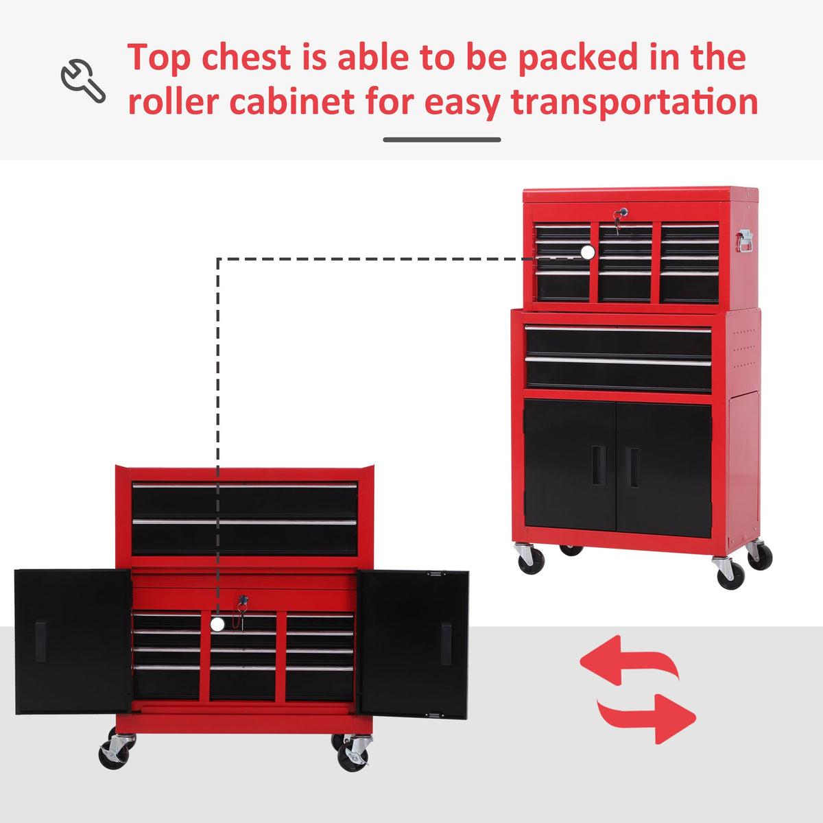 6-Drawer Rolling Tool Chest, 2 in 1 Lockable Storage Cabinet with Hooks, Metal Tool Box for Garage, Workshop, Black