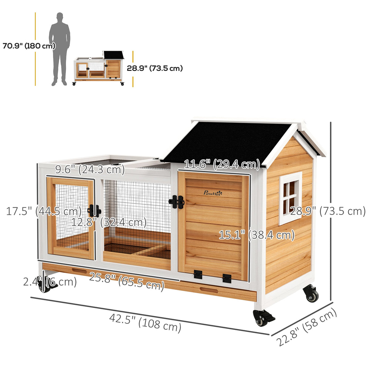 Rabbit Cage with Wheels, Ramp, Run, Tray for Indoor Outdoor, Suitable for Rabbit, Guinea Pig, Coffee