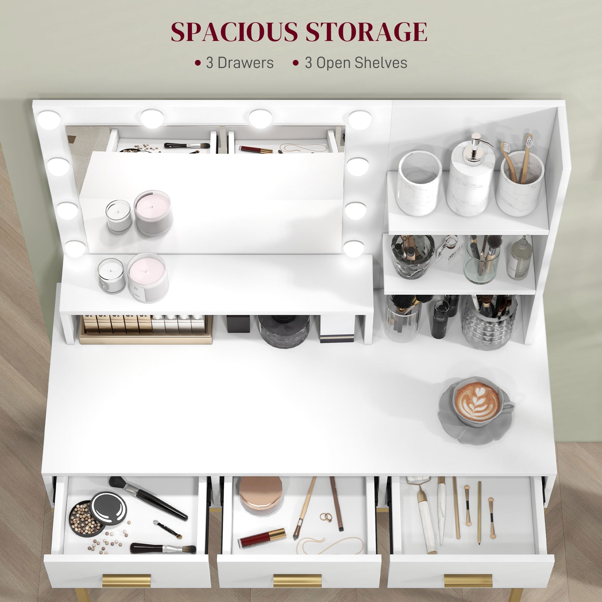 Sophia Illuminated Makeup Table with LED Lights and 3 Drawers-White