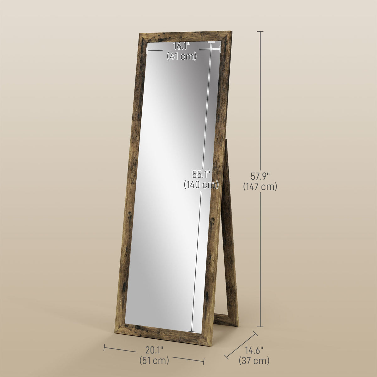 58" x 20" Full Length Mirror with Frame, Floor Standing Mirror, Rectangular Full Body Mirror for Bedroom, Living Room, Brown