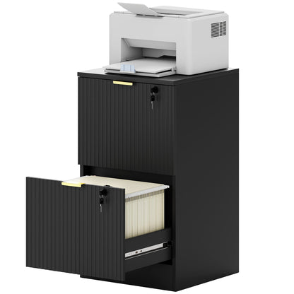 Lockable Filing Cabinet with 2 Fluted Drawers, File Cabinet with Adjustable Hanging Rails for A4 Letter Files, Black