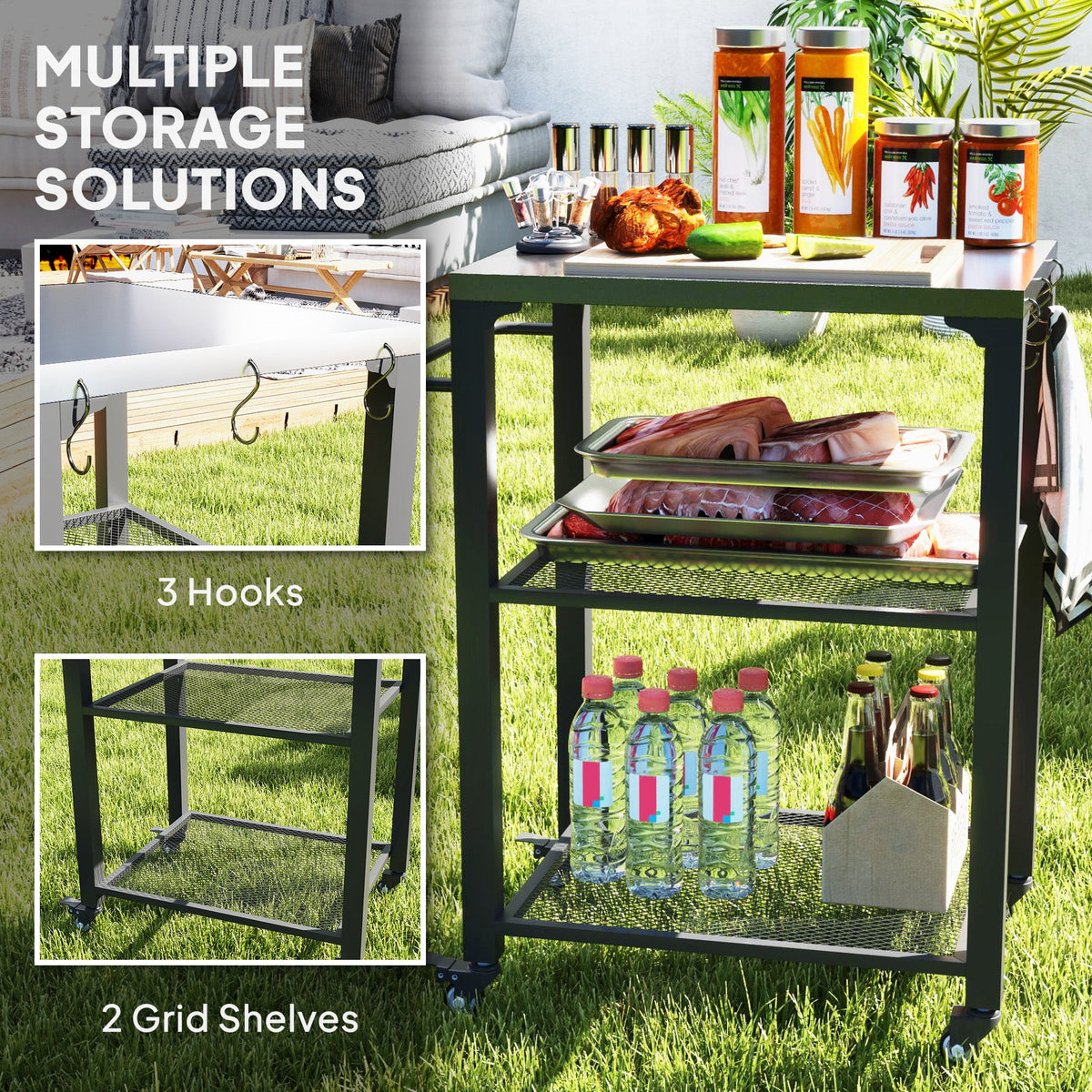3-Shelf Outdoor Grill Cart Table with Side Handle, Stainless Steel Pizza Oven Stand on Wheels, Black