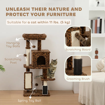 41 Inch Cat Tree with Scratching Posts, Cat Bed, Condo, Jumping Platforms, Toy Balls, Leopard Print