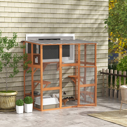 Large Outdoor Catio with Weatherproof Roof, Bridge, Resting Box, Platforms, Grey