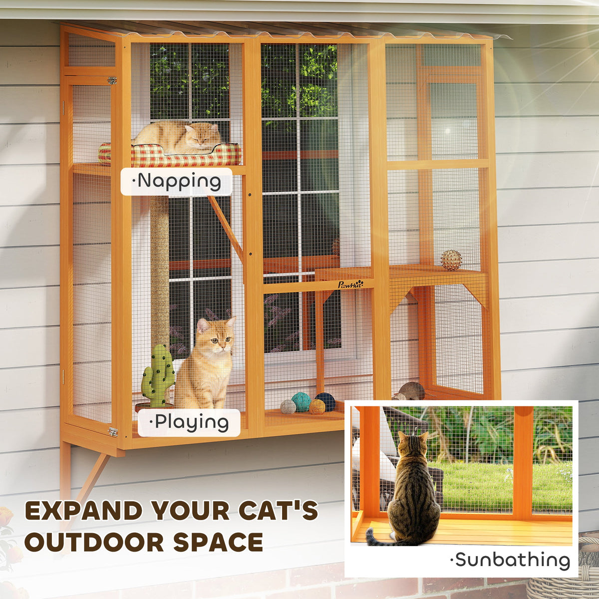 Wooden Catio Outdoor, Cat Window Box Enclosure for 2-3 Large Cats with 2 Jumping Platforms & Scratching Post, Grey