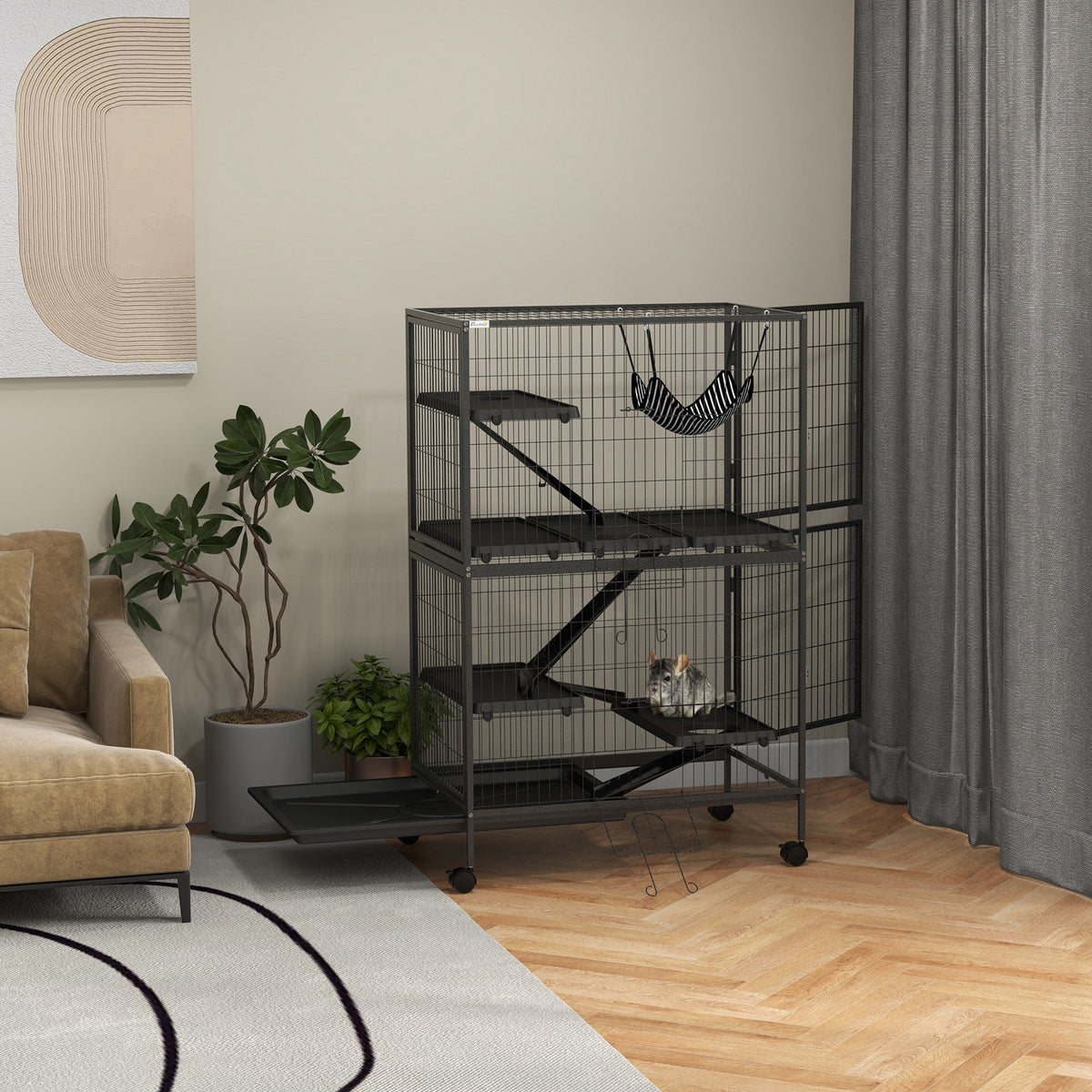 5-Tier Rolling Small Animal Cage, Deluxe Guinea Pig Cage, Ferret Cage for Mink Chinchilla Kitten Rabbit, Grey