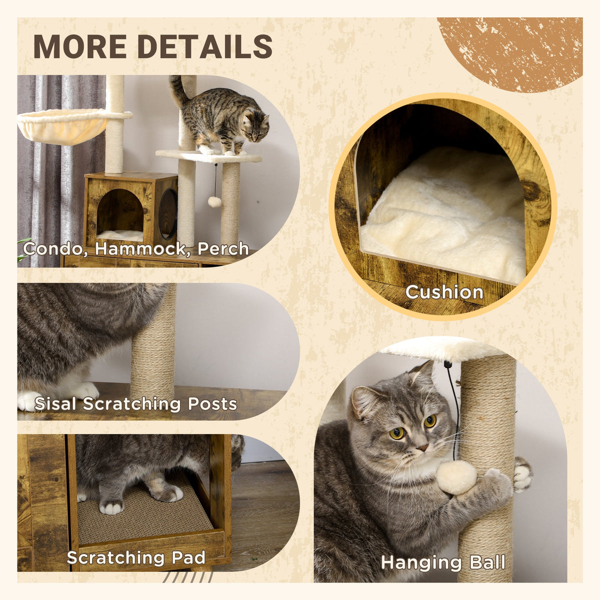 Litter Box Enclosure with Cat Tree Tower, Hidden Cat Washroom Furniture with Condo, Scratching Posts, Large Platform, Hammock and Soft Cushion, Rustic Brown