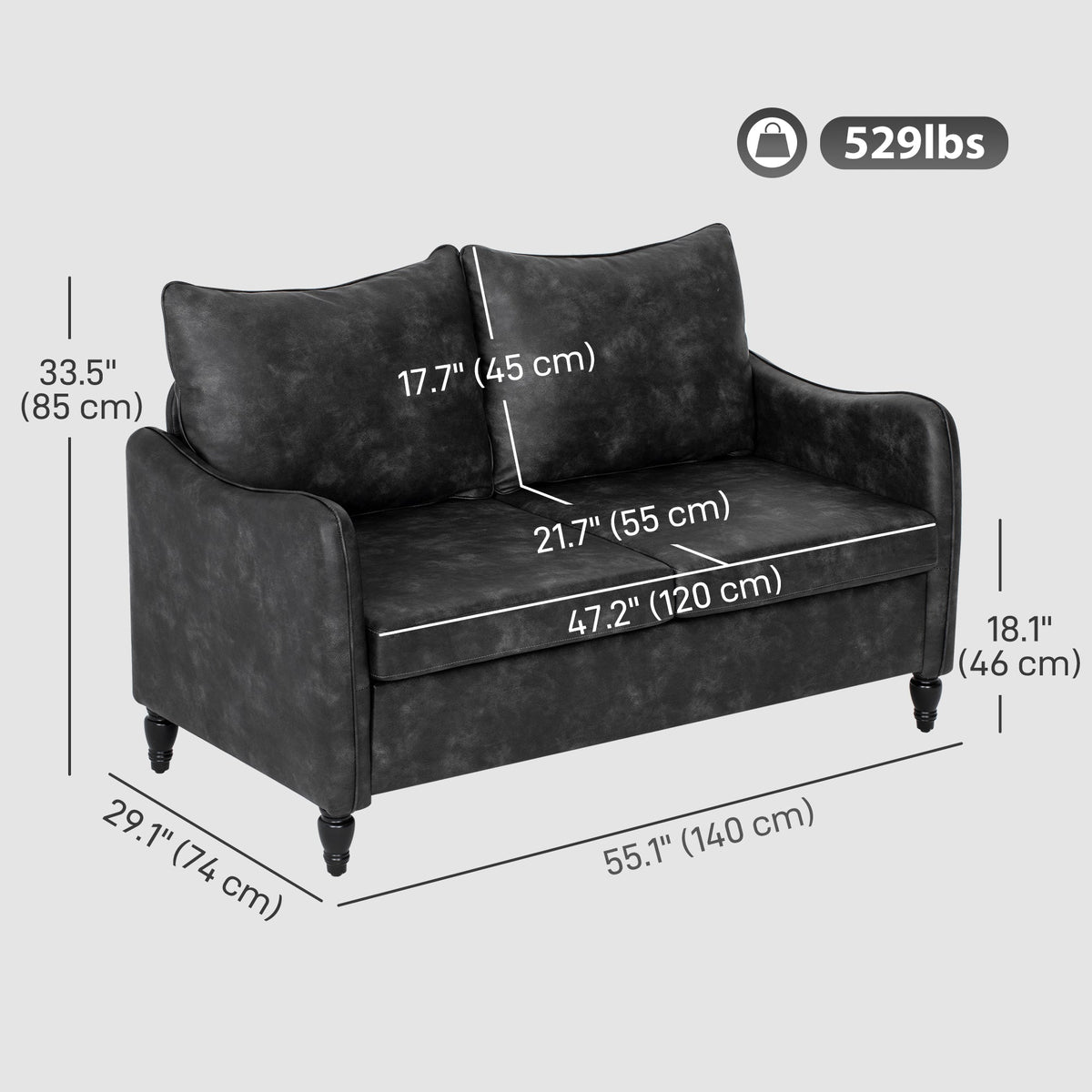 55" Loveseat Sofa, Small 2 Seater Couch with Solid Wood Legs, Modern PU Leather Upholstered Sofa for Small Spaces, Brown