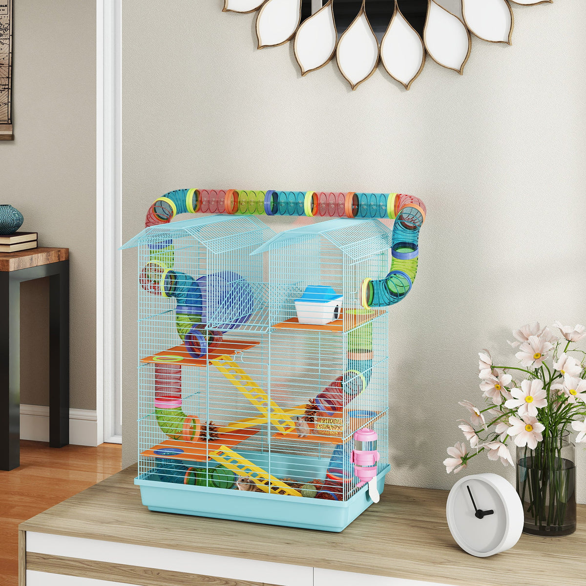 18.5" Hamster Cage, 5 Tiers Small Animal House with Tunnel Tube System, Exercise Wheel, Water Bottle, Blue