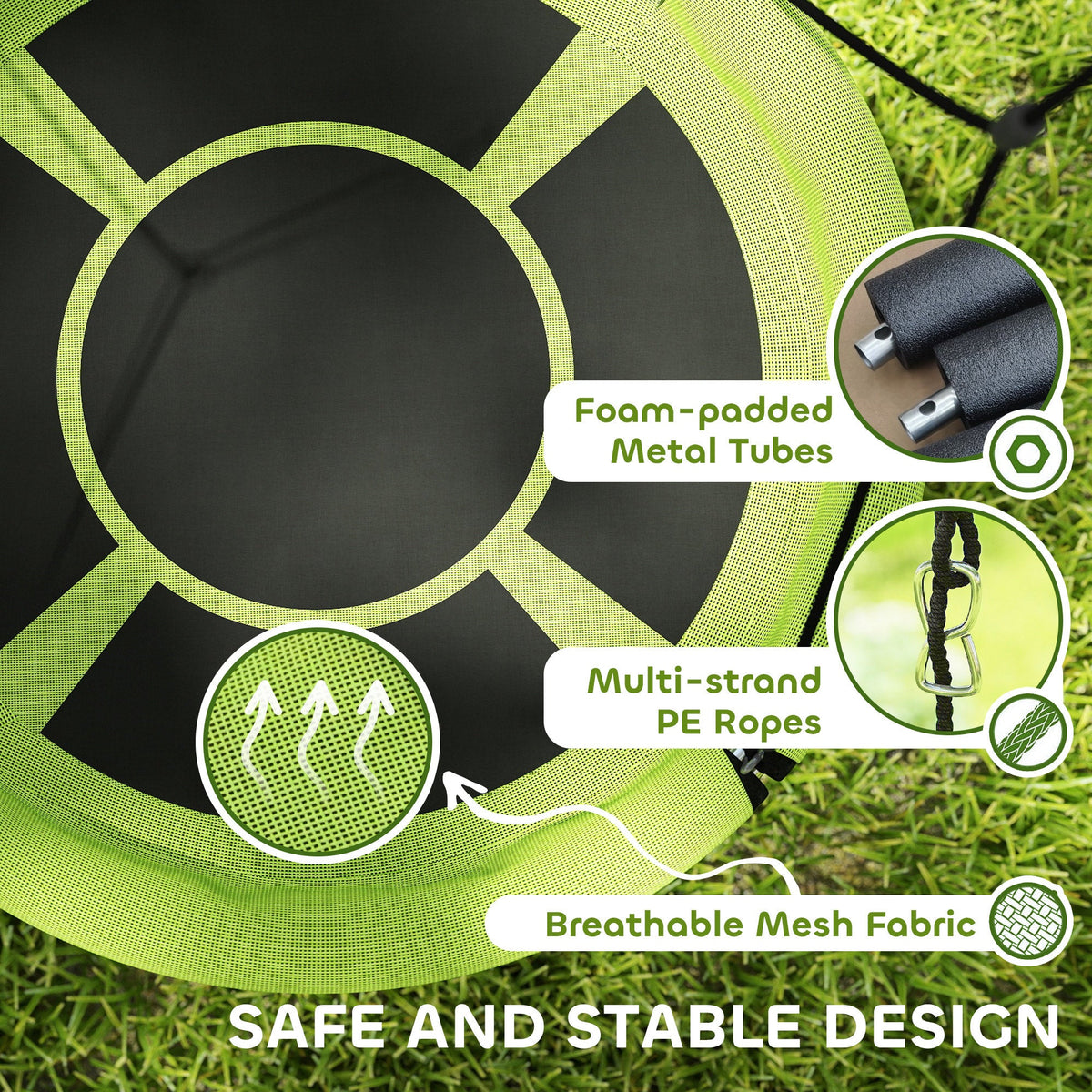 100cm Diameter Nest Seat for Kids with Height Adjustable Hanging Ropes for Outdoor, Playground, Garden, Green