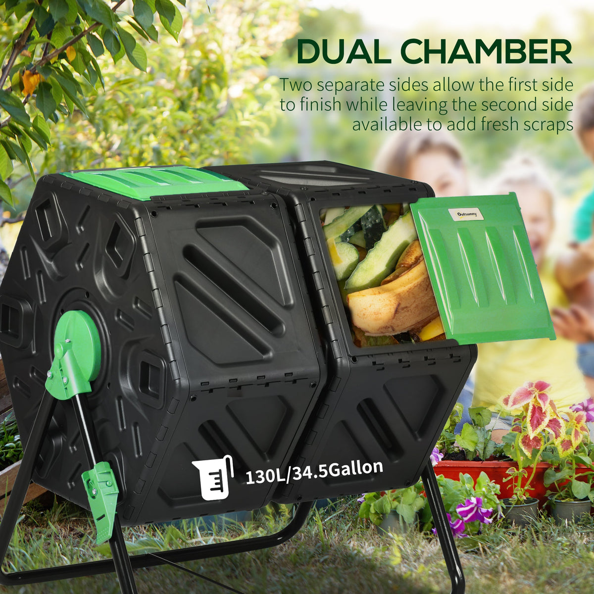 Rotating Composter, Dual Chamber Compost Bin with 24 Vents and Steel Legs, 34.5 Gallon, Brown