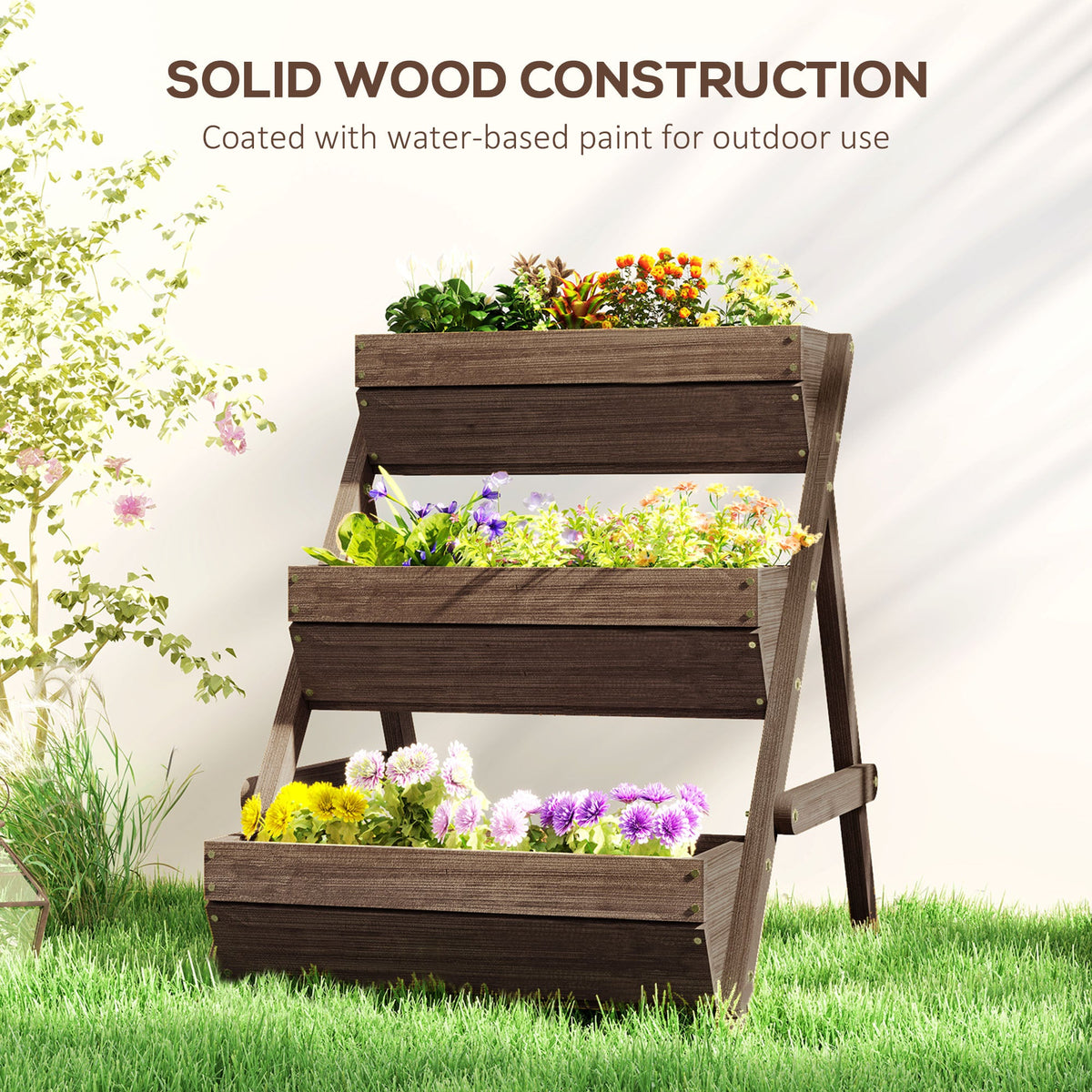 3 Tier Elevated Planter Box, Vertical Wooden Raised Garden Bed for Flowers, Vegetables, 26" x 30" x 30", Brown