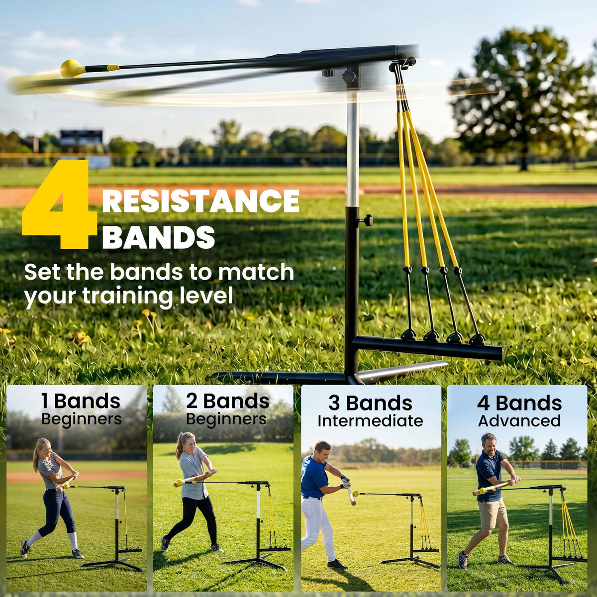 Baseball Hitting Trainer with 4 Power Bands, 32.7"-43.3" Adjustable Batting Practice Equipment with Stakes, Carry Bag