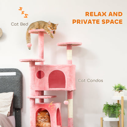 54" Cat Tree, Multi-Level Cat Tower with Scratching Posts, Cat Condos, Bed, Platforms, Ramp, Toy Ball, Beige