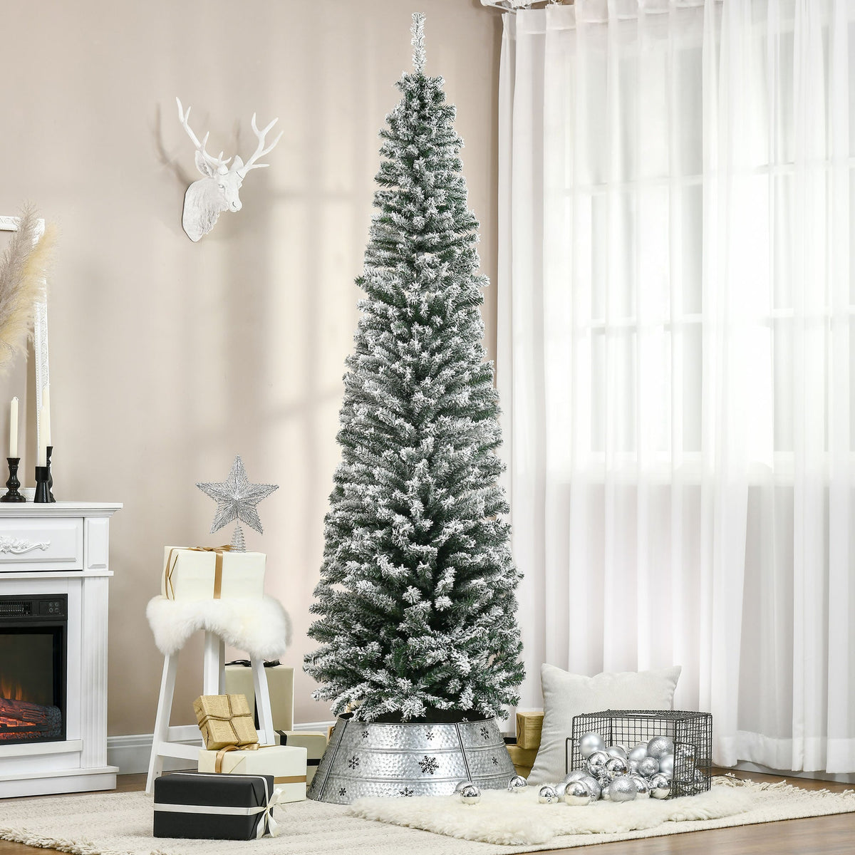 6ft Flocked Christmas Tree, Pencil Christmas Tree with Realistic Branch Tips, Folding Metal Stand, Green