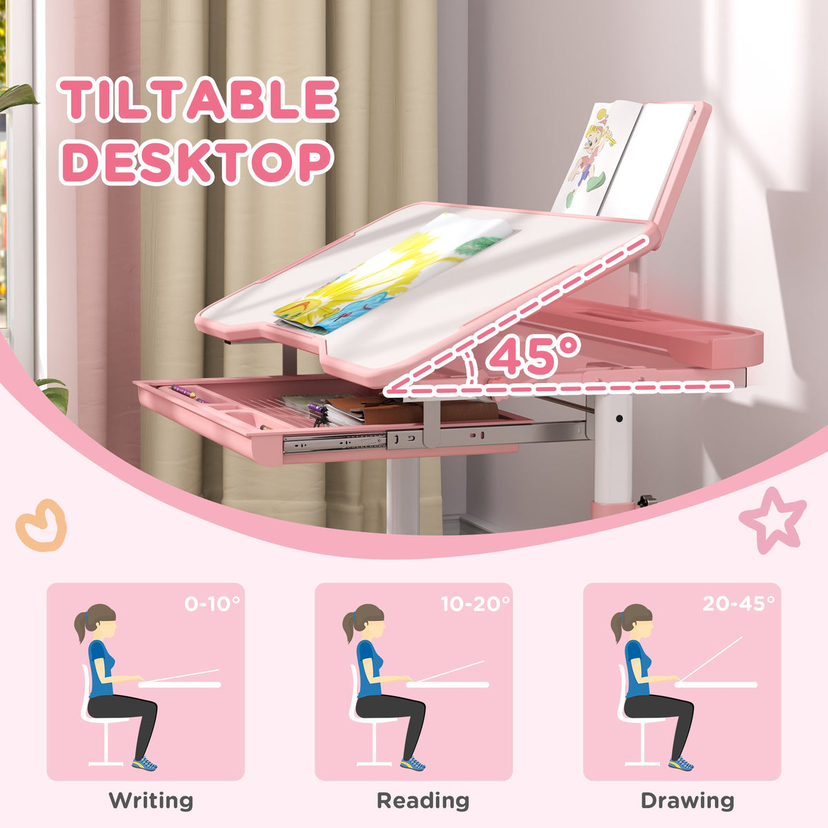 Height Adjustable Kids Desk and Chair Set with Tilt Desktop, Large Writing Board, Storage Drawer, Book Stand, Grey