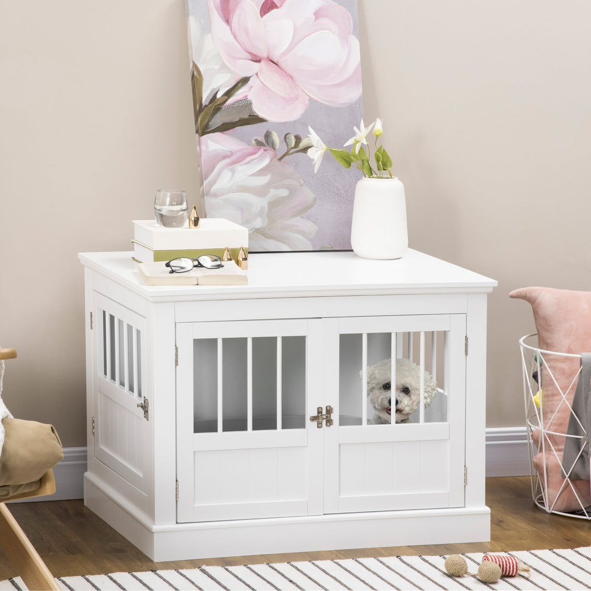 31" Dog Crate Furniture End Table with Three Doors for Small Dogs, Coffee