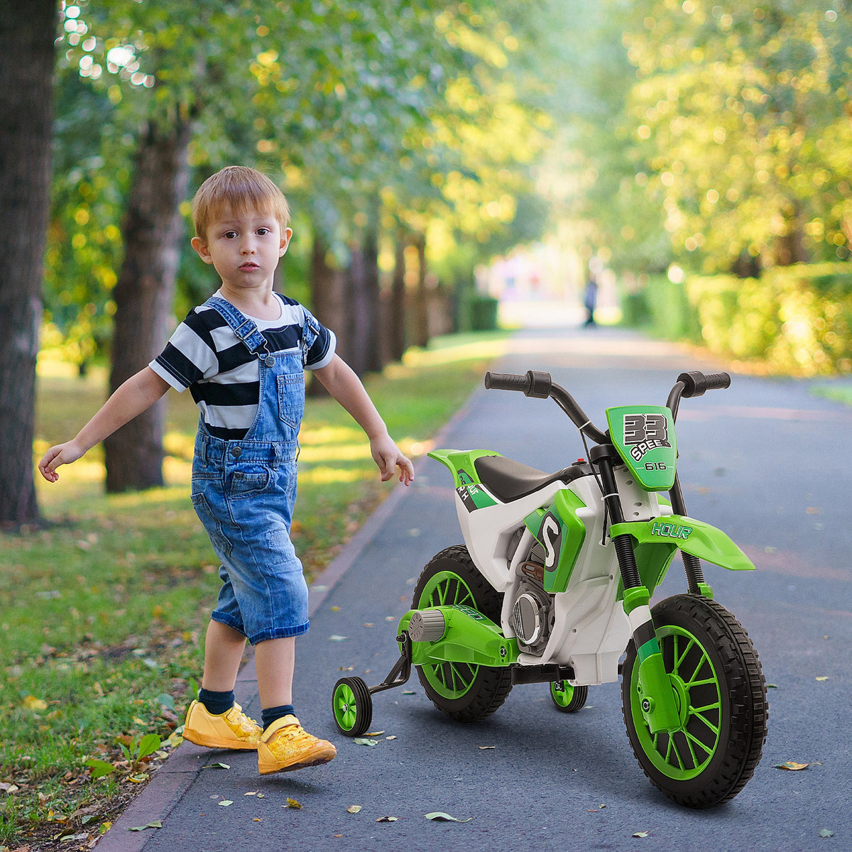 Kids Dirt Bike 12V Battery-Powered Ride-On Electric Motorcycle with Charging Battery, Training Wheels Blue