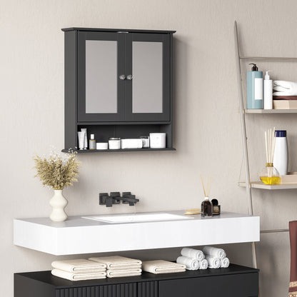 Medicine Cabinet, Wall-Mounted Bathroom Mirror Cabinet with Double Doors, Open Shelf, and Adjustable Shelf, Modern Bathroom Wall Cabinet, White